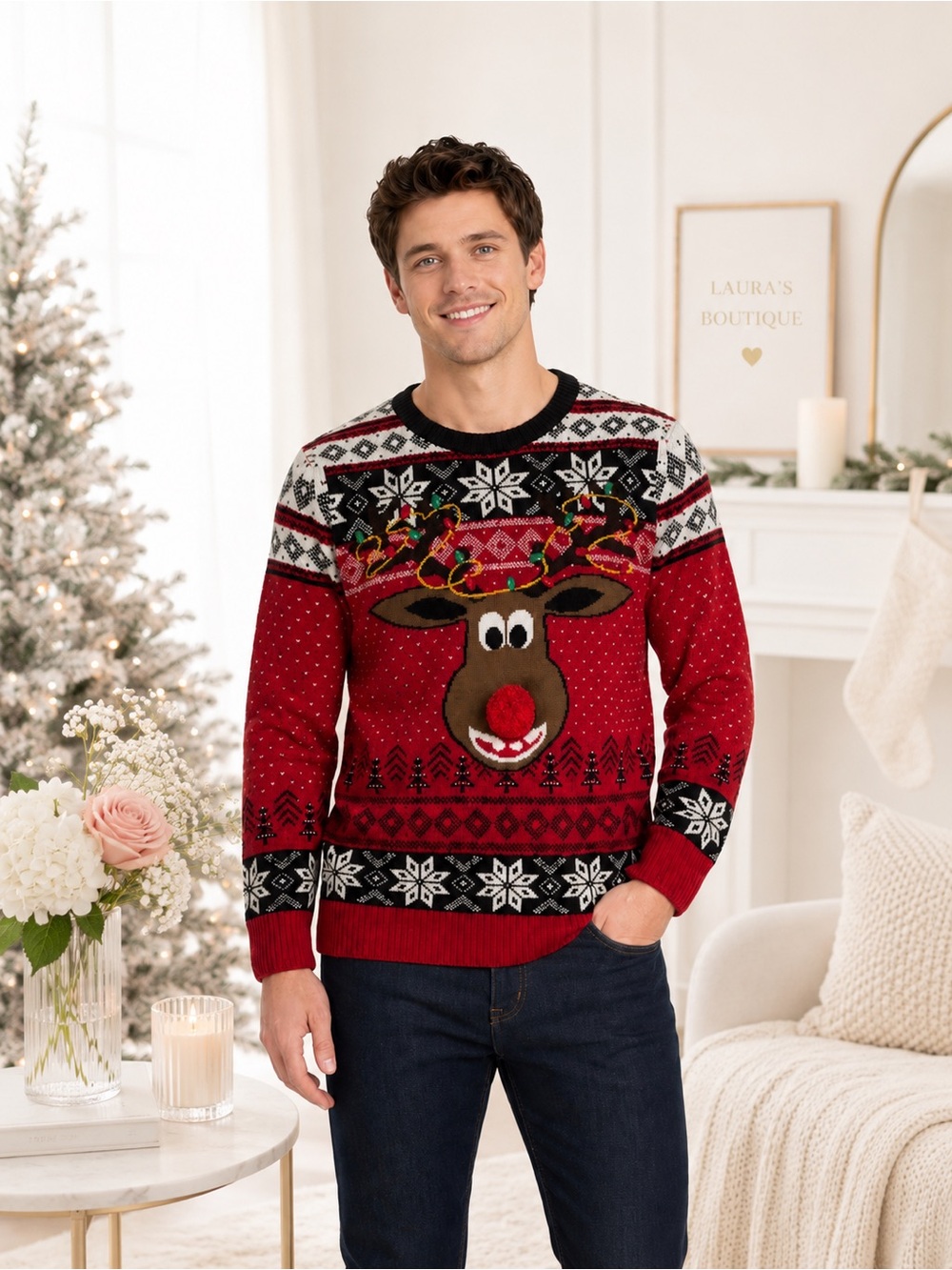 UGLY CHRISTMAS SWEATER Men's Red Fair Aisle Festive Knit Rudolph Pom Pom Nose
